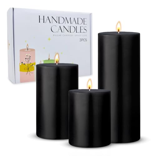 Black Pillar Candle Set of 3 Unscented Dripless Long Burn Candles - 2.75x3, 4, 6 Inches