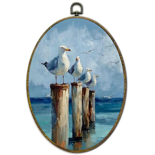 Seagull Coastal Wall Art Decor - Oval Canvas Frame, 11x8.5 Inch - Beach House Art