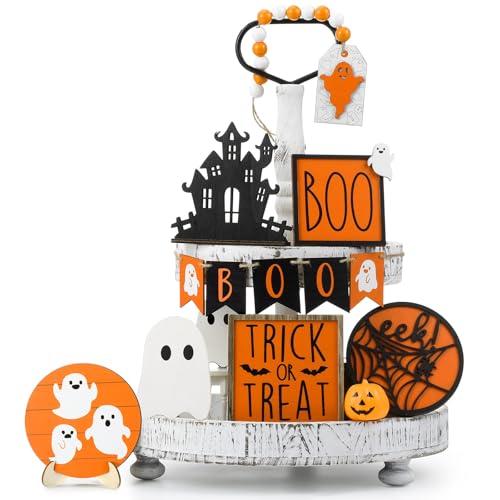 Umigy 15-Piece Halloween Tiered Tray Decor Set - Orange Ghost Wooden Signs Boo
