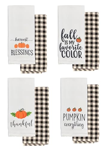 Fall Kitchen Towels Set - Autumn Pumpkin & Buffalo Plaid Dish Towels, 100% Cotton, 15x25 Inches - Fall Dish Towels