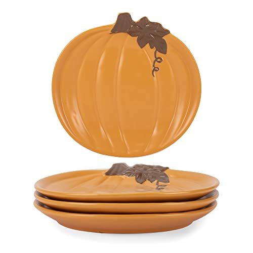Small Pumpkin Shaped Ceramic Dinner Plates Set of 4 - 8x8 Inch, Orange - Fall & Thanksgiving Decor