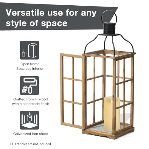 Natural Wood & Black Metal Farmhouse Candle Lanterns Set of 2 - 25 & 18.75 Inches