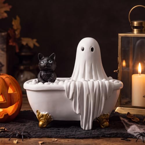 Halloween Ghost Cat Figurine in Bathtub Decor Resin Cute Spooky Home Accent