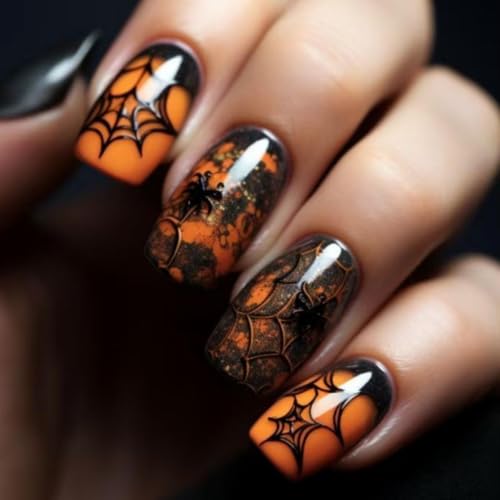 Halloween Press On Nails Orange Gradient Fake Nails with Spider Web Design - Variation Hall10