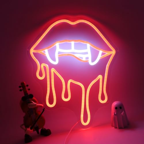 Vampire Fangs Neon Sign - Red Lips LED Light for Halloween & Gothic Decor - Chip-Red Variation
