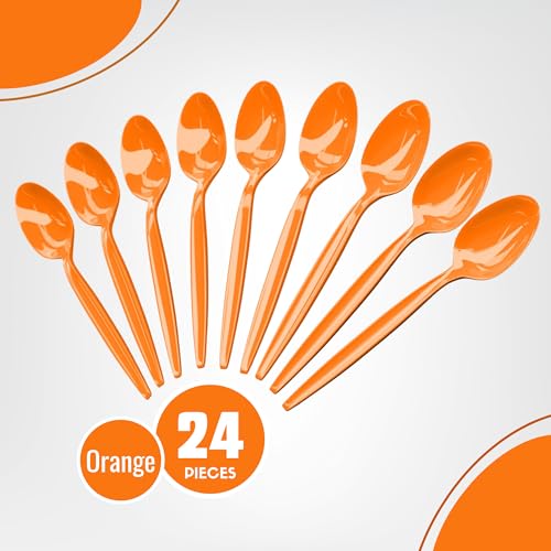 Orange Plastic Spoons 24 Pack - Durable Disposable Flatware for Parties