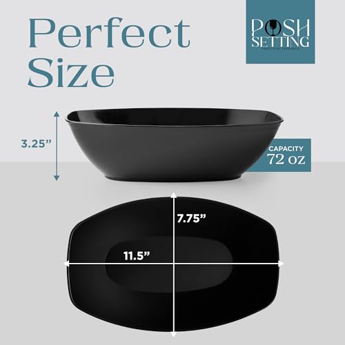 Black Plastic Serving Bowls - 4 Pack Oval Disposable Party Snack & Candy Bowls with Variation