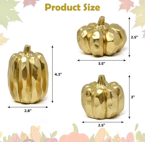Gold Pumpkin Decor Set - Fall Thanksgiving Table Centerpieces, 3 Pcs