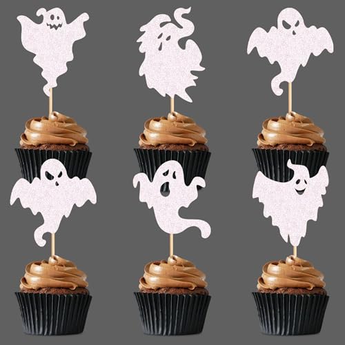 Ercadio White 25 Pack Ghost Cupcake Toppers Glitter Halloween Baby Ghost Decorations