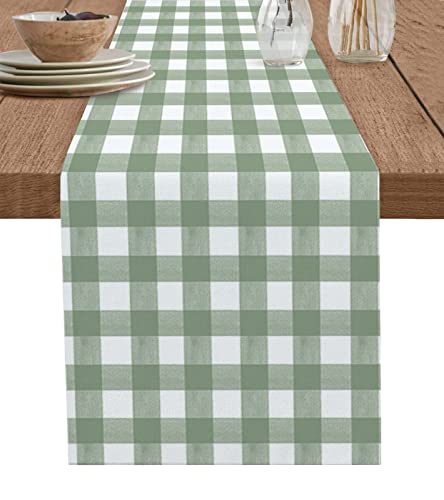 Sage Green Buffalo Plaid Table Runner 48 Inch - Farmhouse Kitchen Decor - Sage Green & White