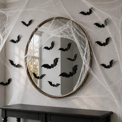 Halloween Mirror Decoration Set with Spider Web and 3D Bat Stickers
