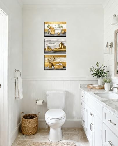 Farmhouse Bathroom Wall Art Set - 3 Piece Gold Canvas Prints 11x14 Ready to Hang