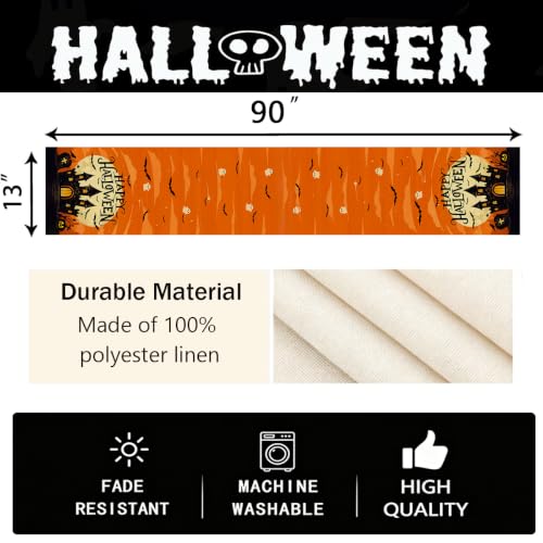 Halloween Table Runner 13x90 Inches Haunted Castle Decor Orange - Spooky Seasonal Tablecloth