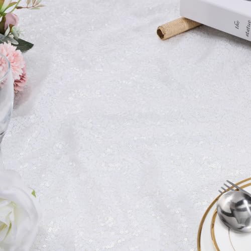 QueenDream White Sequin Round Tablecloth 108 Inch for Party & Wedding - Glitter Sparkle