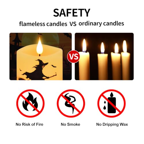 Halloween Flameless Candles Set of 2 - 3x4 Inch Ivory LED Pillars with Pumpkin & Witch Decals - Remote Timer