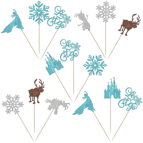 Snowflake Cupcake Toppers Set - Design 13 Winter Frozen Party Decorations (24 Pack)