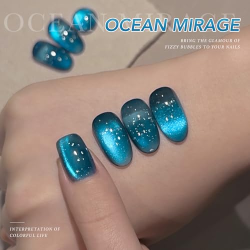 Blue Bubble Cat Eye Gel Nail Polish 16ml - Holographic Glitter Jelly Effect with Magnet - Ocean Mirage