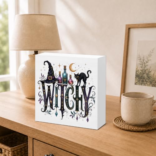 Gothic Wood Box Sign - Black Cat Witch Decor for Home & Office