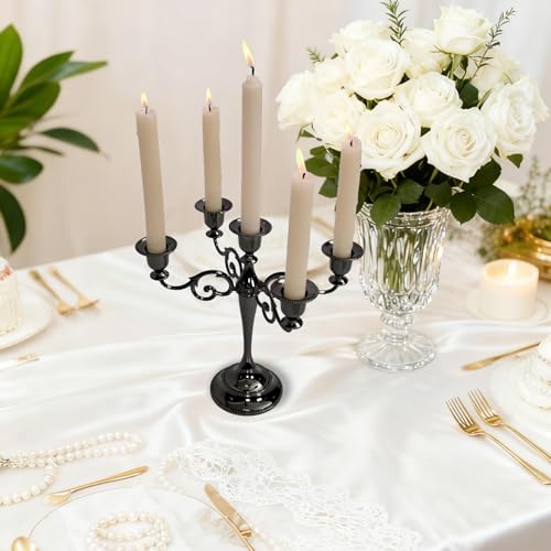 Black 5-Arm Metal Candelabra - 10.2 Inch Tall Candle Holders, Glossy Finish