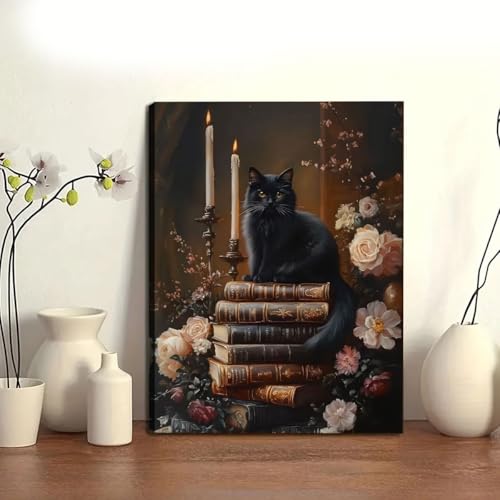 Dark Academia Wall Art Black Cat Vintage Book Floral Framed 16x12 inch