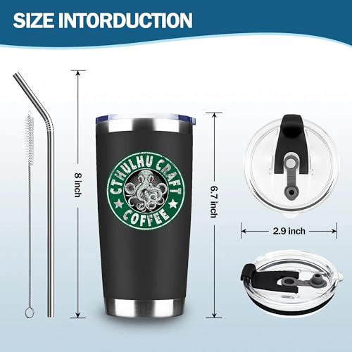 Black 20oz Cthulhu Octopus Stainless Steel Tumbler with Lid - Unique Design