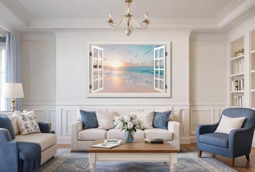 Pink Beach Wall Art Canvas for Living Room & Bedroom - Sunset Seascape 32x48in - Large Ocean Picture with Fake Window Frame Style