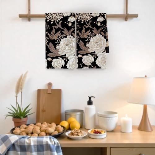 Decorative Floral Kitchen Towels Set - Black White Gold Peony 16x24 Inch