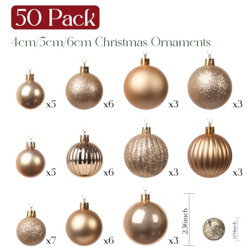 Gold Christmas Ornaments Set - 50 Shatterproof Holiday Tree Decorations