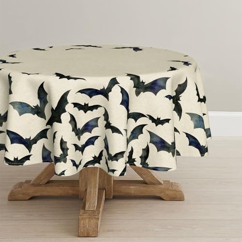 Horaldaily Halloween Round Tablecloth 90 x 90 Inch Black Bats - Beige Variation