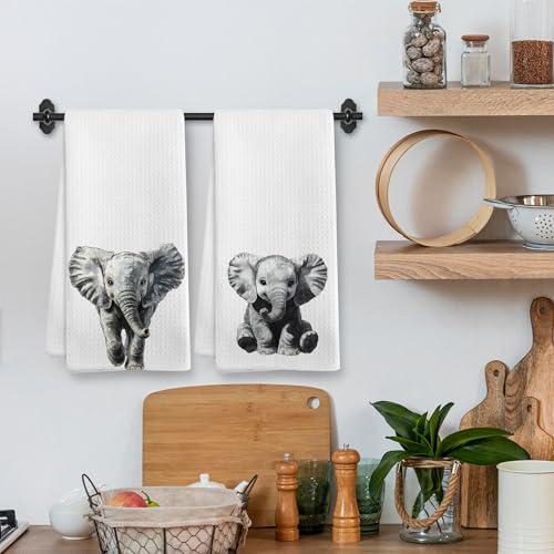 Elephant Kitchen Towels and Dishcloths Set - Nursery Decor Gifts, 16x24 Inches - Rustic Safari Jungle Theme - Variation: Elephant
