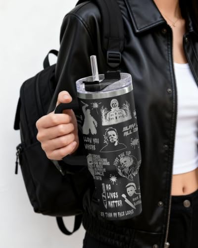 CreepyBlack 40 oz Insulated Tumbler with Handle - Halloween Horror Gift