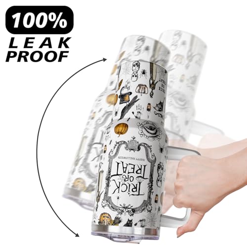 White 40 oz Halloween Tumbler with Handle and Straw - Stainless Steel Insulated Coffee Mug