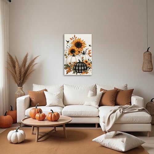 Fall Pumpkin Wall Art with Flowers - 18x12 Inches Farmhouse Canvas Print - Black Frame