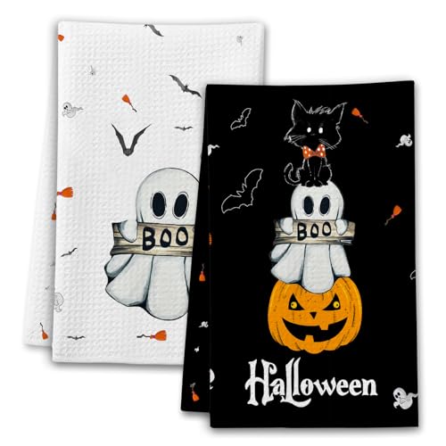 Halloween Kitchen Towels Set - Black Cat Pumpkins Ghosts, Color 4, 2 Designs