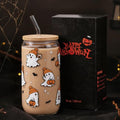 Halloween Ghost Gift Cute Pumpkin Glass Cup with Lid & Straw - Hat Ghost Variation