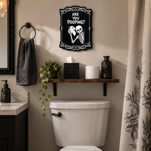 Funny Halloween Skeleton Bathroom Sign - Are You Pooping - Black Gothic Wall Decor