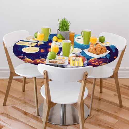 Halloween Ghosts Fitted Round Tablecloth - Waterproof & Wipeable 48 Inch