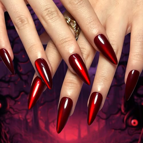Halloween Press On Nails - Long Red Stiletto with Cat's Eye Design - Almond Style-22