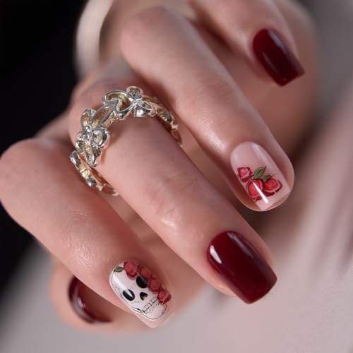 CurvLife Short Square Halloween Press-On Nails with Red Skull Design, Gothic White & Red, Gel Finish
