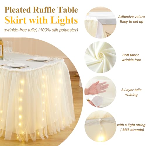 17FT Champagne Tulle Table Skirt with LED Lights - Ruffle 2-Layer for Weddings & Parties (204" x 30")