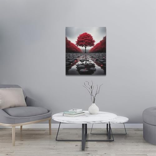 Red Tree Wall Art Canvas Print - Zen Stone River Landscape, Framed, 24x20 Inches - Black and White