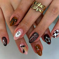 Halloween Press On Nails Short Almond Fake Nails with Ghost Bat Design - Brown Checkered Polka Dot - Variation 1