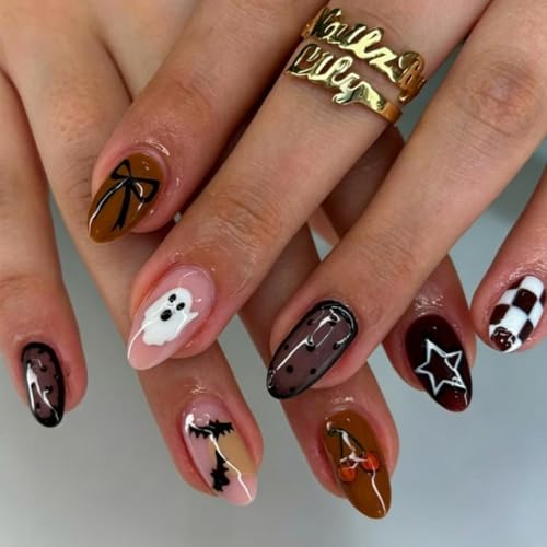 Halloween Press On Nails Short Almond Fake Nails with Ghost Bat Design - Brown Checkered Polka Dot - Variation 1