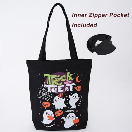 Black Halloween Canvas Tote Bag - Trick or Treat Spooky Witch & Pumpkin Design, 15-Inch Candy Bag
