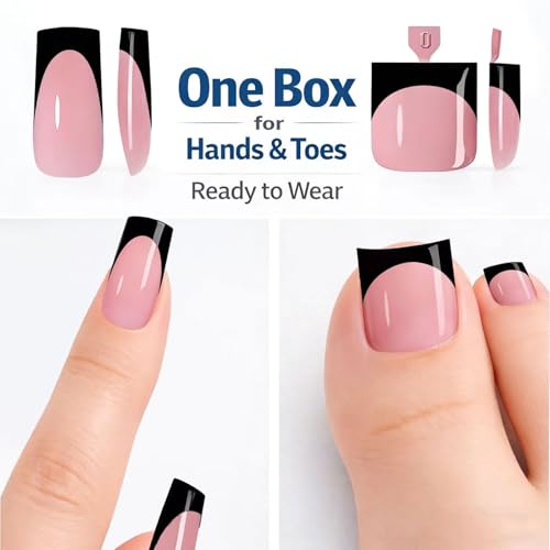 Press-On Nails & Toenails 60Pcs 2-in-1 Glossy Black French Tip - Medium Variation B