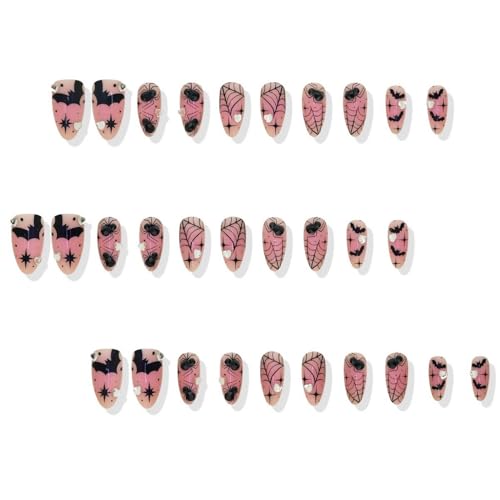 Halloween Press On Nails Pink Chrome Spider Web Bat 3D Rhinestones Set - Variation 2433