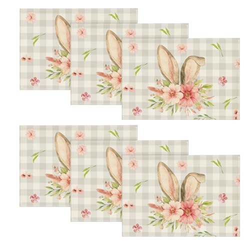 Easter Bunny Rabbit Ears Buffalo Plaid Placemats Set of 6 - 12x18 Inch Seasonal Table Decor Beige