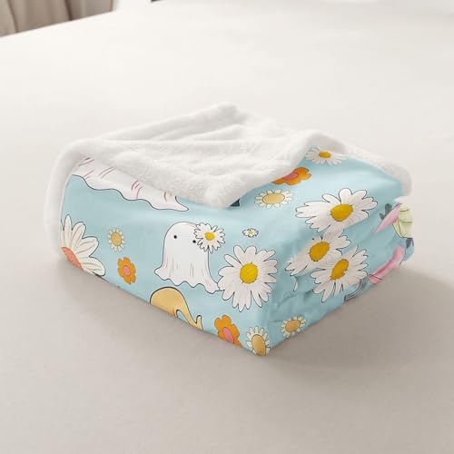 Cyan Throw Blanket for Halloween Boho Daisies & Ghost Decor 50x60