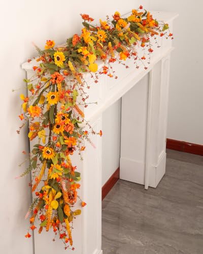 Yellow 2-Pack 6Ft Fall Garland for Mantel Decoration Sunflower Leaf & Berries