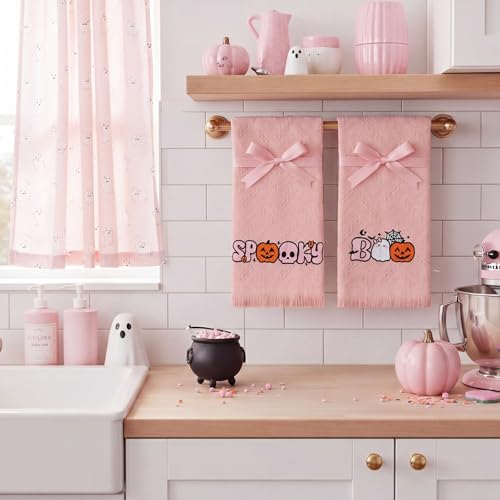 Halloween Pink Ghost Hand Towels - Cotton Bathroom & Kitchen Decor, 30x13 Inches